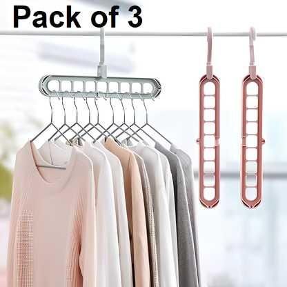 3-in-1 Folding Space-Saving Clothes Hanger | Adjustable, Anti-Slip, Multi-Functional Rack for Wardrobe & Garment Drying (Pack of 3, Multicolor)