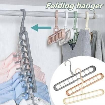 3-in-1 Folding Space-Saving Clothes Hanger | Adjustable, Anti-Slip, Multi-Functional Rack for Wardrobe & Garment Drying (Pack of 3, Multicolor)