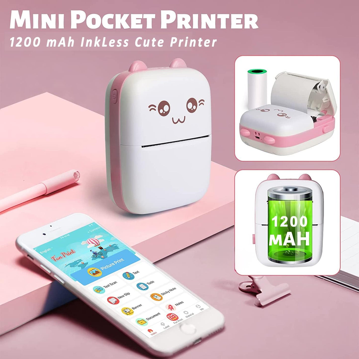 Atheno Global 01 Mini Thermal Printer (1Year Warranty) Inkless Bluetooth Pocket Printer for Prints Picture